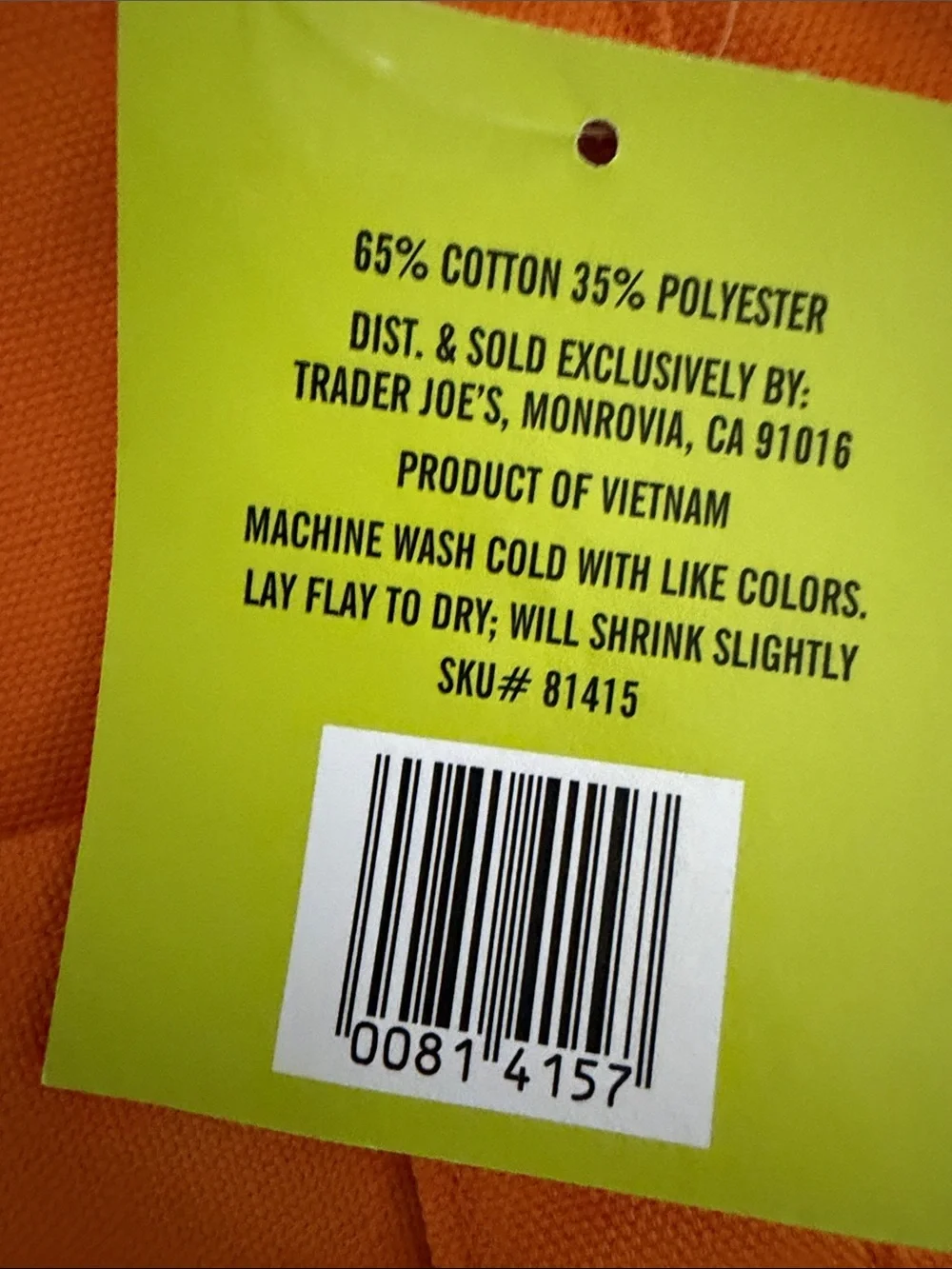Trader Joe's Orange Canvas Tote Bag with Logo